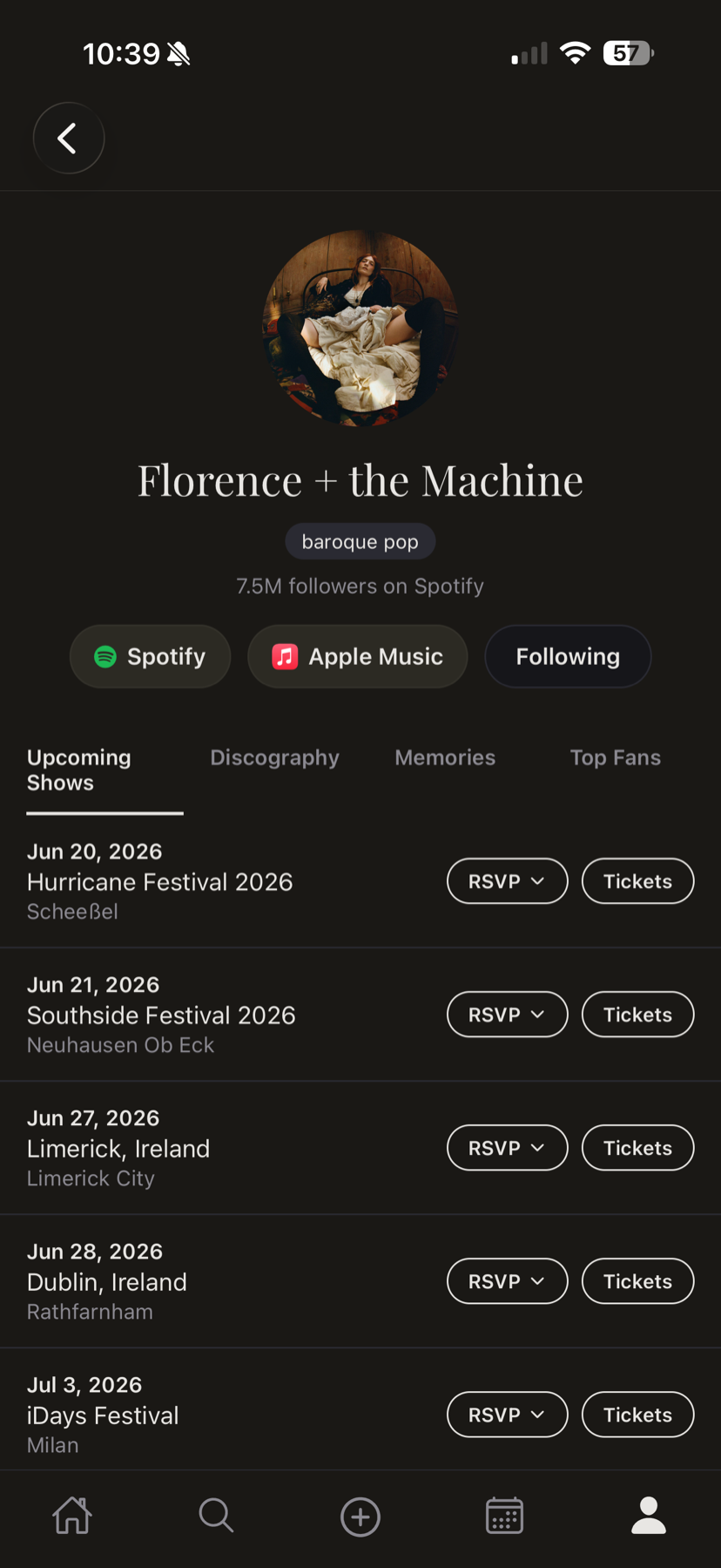 An artist page for Florence + the Machine showing follower count, upcoming shows, and RSVP and ticket options