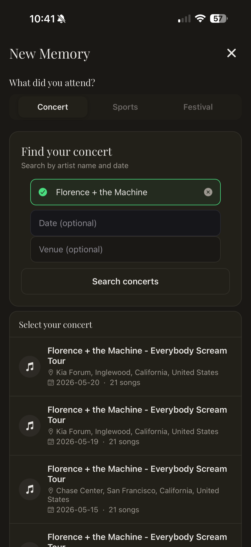 Creating a memory by finding your concert or game
