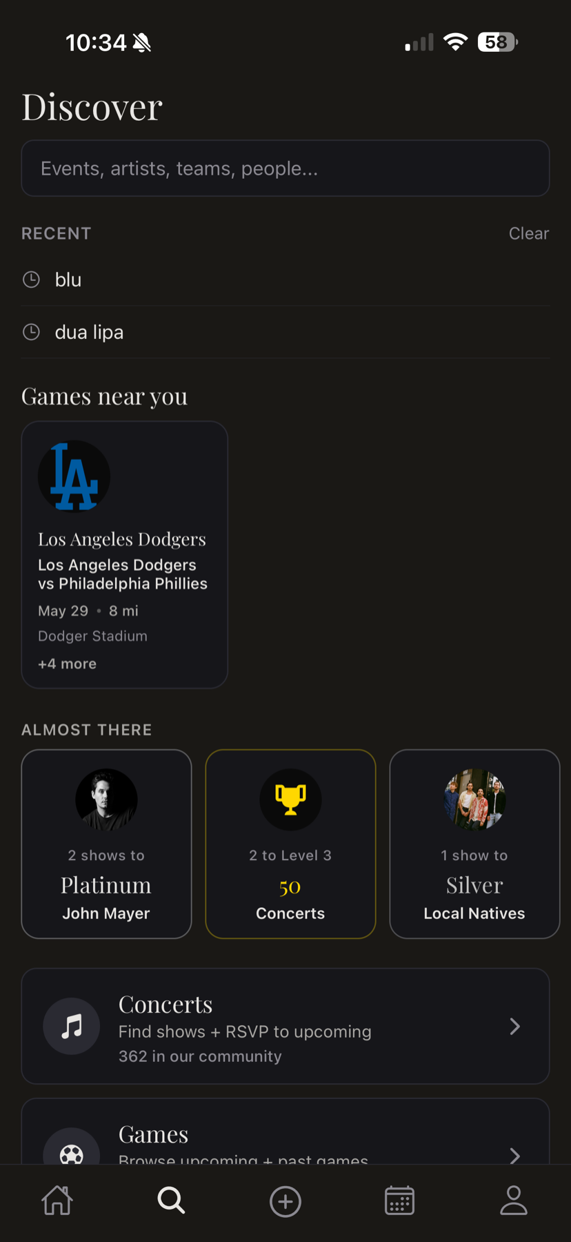 Discover screen with games near you and fan-tier progress