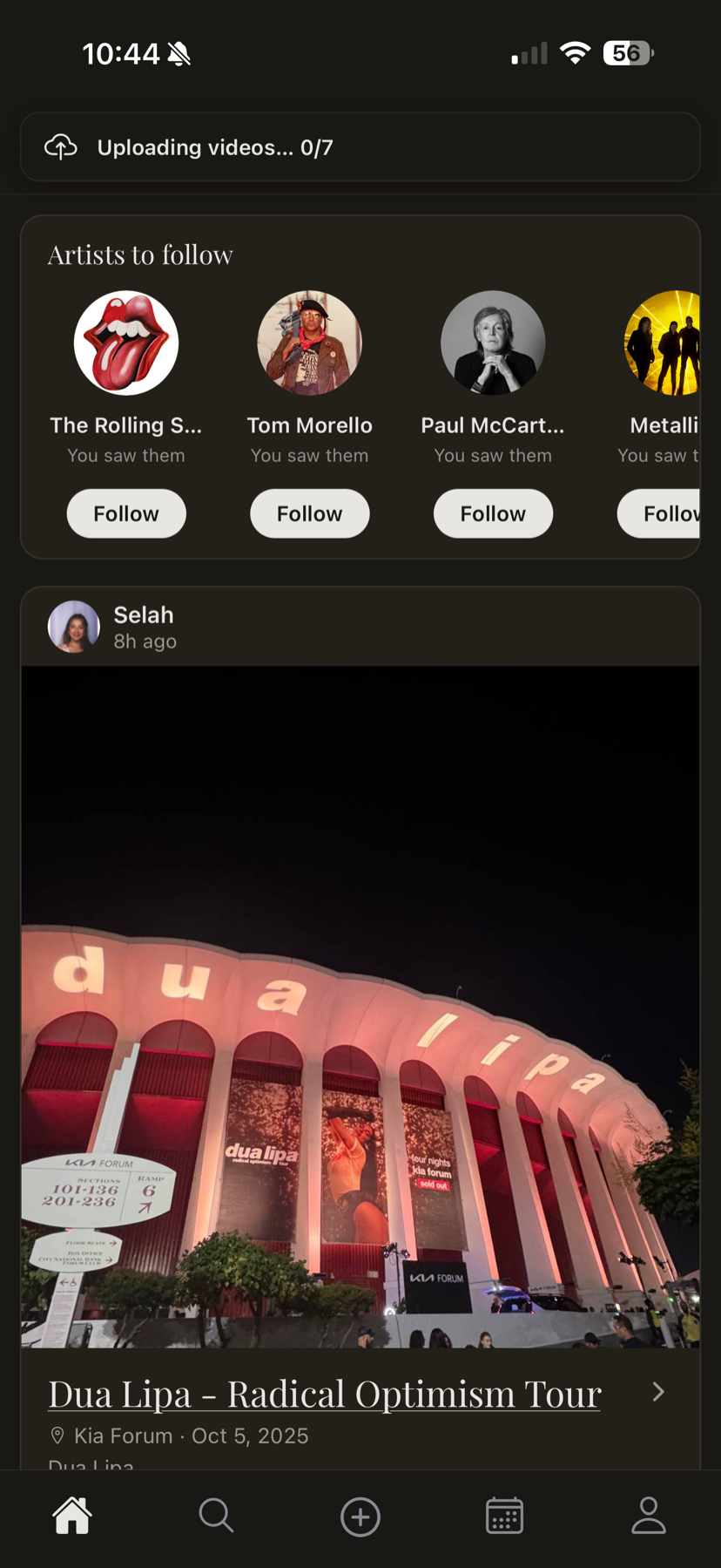 The Ovationly home feed showing artists to follow and a friend's concert memory
