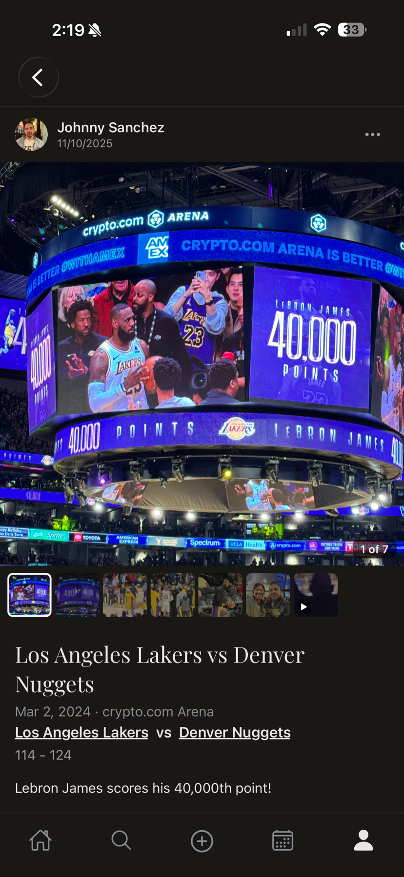 A sports memory from Lakers vs Nuggets at crypto.com Arena — LeBron James's 40,000th point — with the final score and a photo gallery