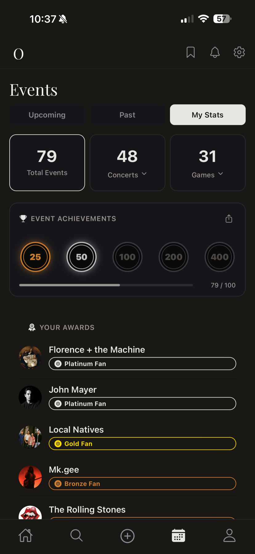 A fan's stats: total events, concerts and games attended, plus event achievements and fan awards